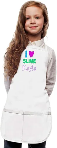Vista 10 de Delantal personalizado para niños con diseño de bordado I Love Slime Rosa encendido