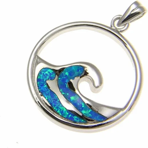 Vista 2 de Arthur's Jewelry Colgante de plata de ley 925 hawaiana de 0.906 in con forma de ópalo sintético azul, Plata esterlina Piedra, Ópalo Sintético