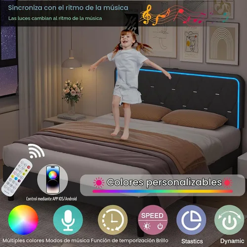 Vista 3 de VECELO Base de cama tamaño Queen tapizada con cabecera ajustable, plataforma de terciopelo con luces LED, estación de carga, base de colchón