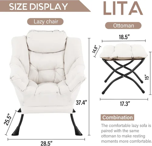 Vista 3 de LITA - Silla perezosa con otomana, sofá tapizado de ocio moderno de acento, silla de lectura contemporánea de salón con reposabrazos y bolsillo