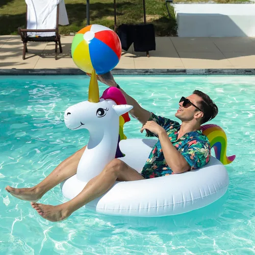 Vista 2 de PARENTSWELL Flotadores inflables de unicornio y flamenco de 43 pulgadas, paquete de 2 flotadores de tubo de piscina con 2 bolas de playa, tubos