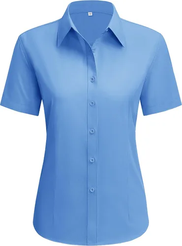 Vista 25 de siliteelon Camisas de vestir para mujer, de manga corta, de algodón, camisa con botones abajo, camisa básica con botones arriba, camisas con cuello