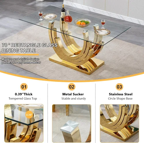 Vista 4 de Juego de mesa de comedor de cristal dorado moderno de 70 pulgadas para 4, juego de mesa rectangular de 5 piezas con base de acero en forma de anillo