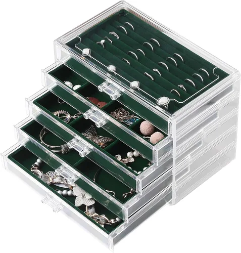 Vista 13 de Frebeauty Caja de joyas extra grande de acrílico para mujeres y niñas, organizador de aretes de terciopelo transparente de 5 capas con 5 cajones