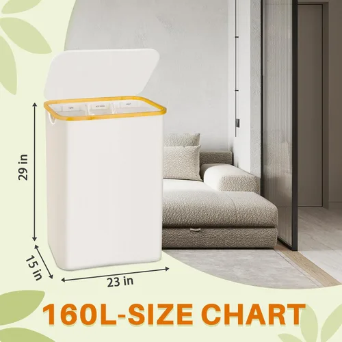 Vista 6 de Cesta de lavandería con tapa, cesta para ropa sucia de 160L, cesta de lavandería de 3 secciones, clasificador extra grande de 3 compartimentos