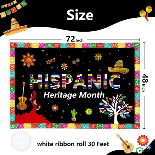 Vista 3 de Cartel extra grande del mes de la herencia hispana de 72 x 48 pulgadas, decoración de celebración de países hispanohablantes latinoamericanos