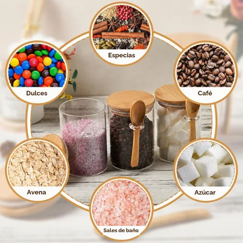 Vista 3 de Recipientes de Café Azúcar Sales - Frascos de 15 oz de Vidrio Hermético Caning con Tapas de Bambú y Cucharas Medidoras, Almacenamiento de Avena