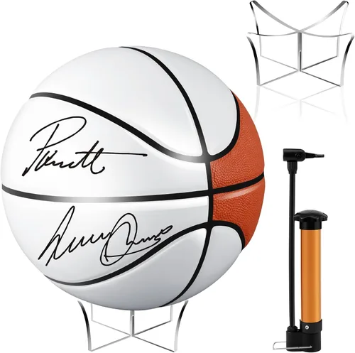 Vista 7 de Hiboom Balón de baloncesto con soporte de bola acrílica, panel en blanco para firma, bola oficial para escuela, universidad, entrenador, graduación