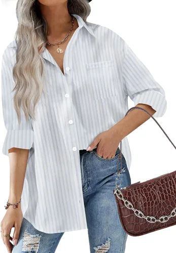 Vista 12 de HOTOUCH Camisas de gran tamaño con botones para mujer, blusa de hombro caída para oficina, de manga larga, estilo novio, camisa de vestir