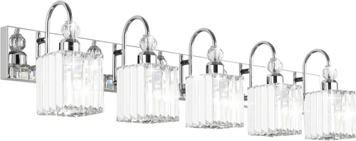 Vista 34 de Ralbay Modernas luces LED de cristal para tocador de baño, 3 luces de acero inoxidable, luces de tocador de cristal sobre el espejo, accesorios