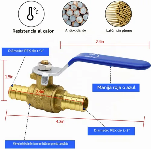 Vista 2 de 4 piezas de válvulas de bola PEX, válvula de bola de latón PEX de 1/2" de puerto completo, válvula de bola de cierre de puerto completo, giro
