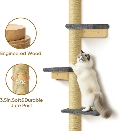 Vista 2 de PAWSCRAT Árbol para gatos montado en la pared, torre para gatos de piso a techo de 5 niveles, poste rascador para gatos montado en la pared de 80