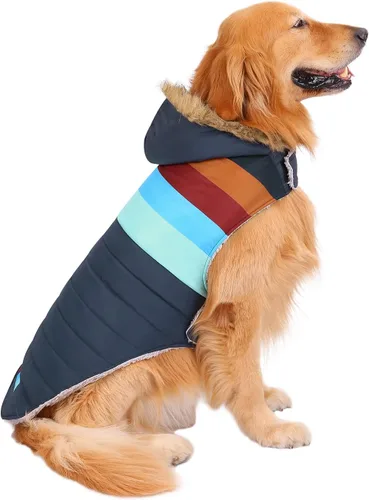 Vista 10 de HDE Chaqueta acolchada para perro, con forro polar, abrigo de invierno cálido para perro con agujero para arnés a rayas rosas, talla S Raya rosa