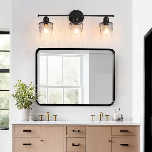 Vista 2 de Lámpara de baño de 3 luces, lámpara de tocador negra mate con pantalla de vidrio gris, moderna lámpara de pared de baño E26 para sobre espejo