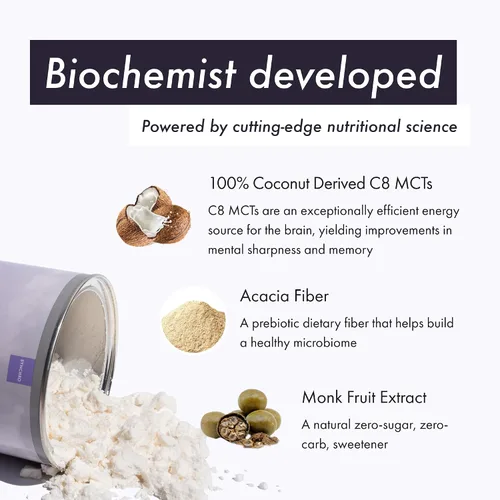Vista 5 de Synchro - Ketobasis MCT Oil Powder, Bebida energética cerebral y corporal derivada de coco, suplemento cerebral con ácido caprílico, alternativa a