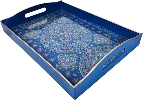 Vista 24 de Bandeja de servir azul con 4 asas, bandeja decorativa de plástico para mesa de café, otomana - Ideal para sala de estar y baño. 15 x 11 x 1.9