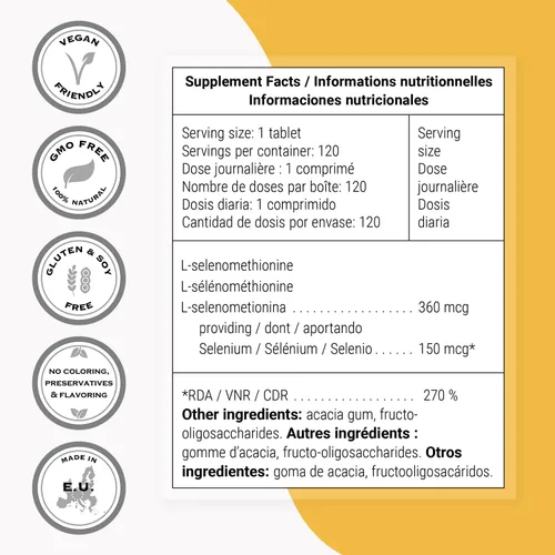 Vista 4 de SuperSmart - L-Selenometionina 200mcg por día (suplemento de selenio) - Alta absorción - Oligomineral esencial Sin OMG y sin gluten - 120 tabletas