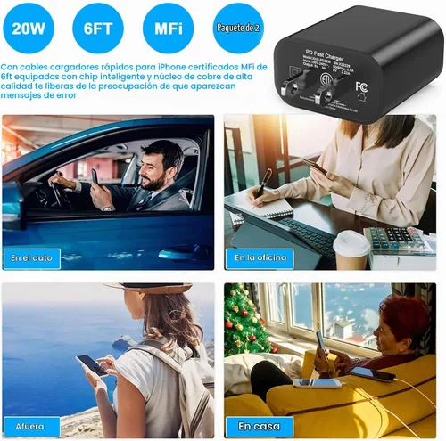 Vista 8 de [Certificado Apple MFi] Cargador de iPhone de carga rápida de 6 pies compatible con iPhone 14/13/12/11 Pro Max/Xs Max/XR/X, paquete de 2, bloque