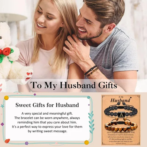 Vista 2 de MONOZO Regalos para el día del padre regalos para hombres y niños, 0.315 in, ojo de tigre y ágata negra, pulsera inicial con cuentas de piedra