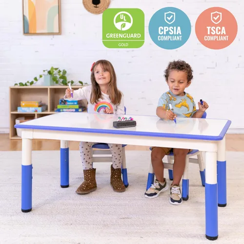 Vista 5 de ECR4Kids Mesa de actividades rectangular de borrado en seco con dos sillas, muebles para niños, azul, 3 piezas