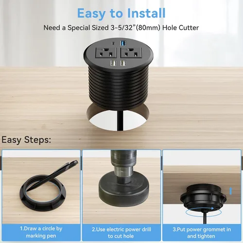 Vista 6 de BTU Ojal de alimentación de escritorio con PD de 20 W USB C de carga rápida, enchufe de alimentación empotrado con 2 salidas de CA, regleta