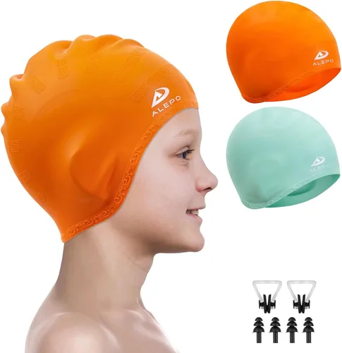 Vista 9 de 2 Pack Kids Swim Caps for Boys Girls, Durable Silicone Swimming Cap with 3D Ear Pockets for Age 3-15 Toddler Child Youth Teen, Unisex Swim Bath Hats