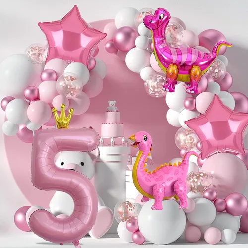 Vista 5 de Globos de dinosaurio rosa, globo de aluminio Mylar con número de cumpleaños para niña, decoraciones de fiesta de 5º cumpleaños