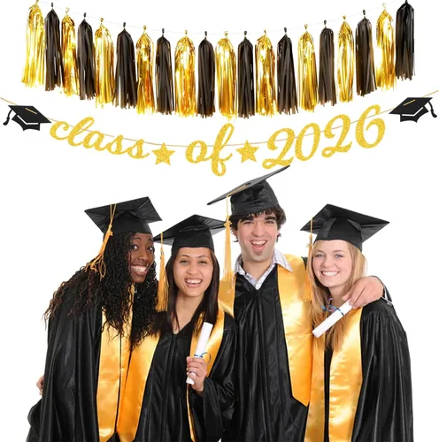 Vista 6 de Guirnalda de decoración de fiesta de graduación de oro negro – 36 piezas de pancarta de felicitaciones de graduación 2026, serpentinas colgantes