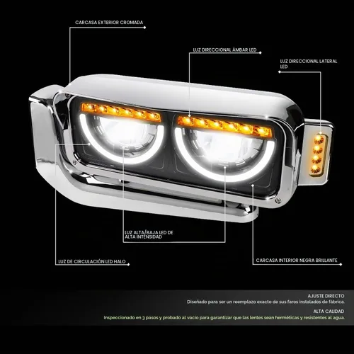 Vista 2 de DNA MOTORING HL-HAY-033-BK Par de faros delanteros LED con anillo de halo tipo U y reflector, ángulo amplio, compatible con Peterbilt 359 de Negro