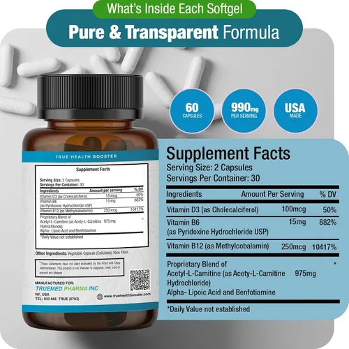 Vista 4 de Suplemento para la salud neuropatía neuropatía y nerviosa con vitamina D3, B6, B12, acetil-L-carnitina, ácido alfa lipoico y benfotiamina apoya
