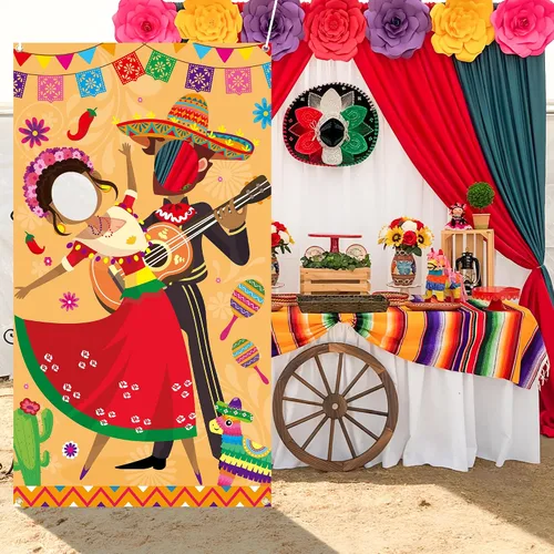 Vista 4 de Xqumoi Cartel para puerta de fotos de fiesta, decoración de fiesta, divertido y grande de tela mexicana del Cinco de Mayo, accesorio para fotos