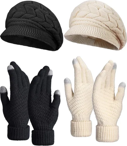Vista 8 de SATINIOR Juego de 4 gorros y guantes de invierno para mujer, gorro de punto cálido, gorro de esquí de nieve con visera y guante para pantalla rojo