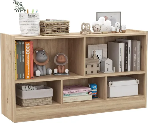 Vista 19 de MEDIMALL Organizador de almacenamiento de juguetes para niños de 5 cubos, estante de almacenamiento de madera de 2 niveles para libros y juguetes