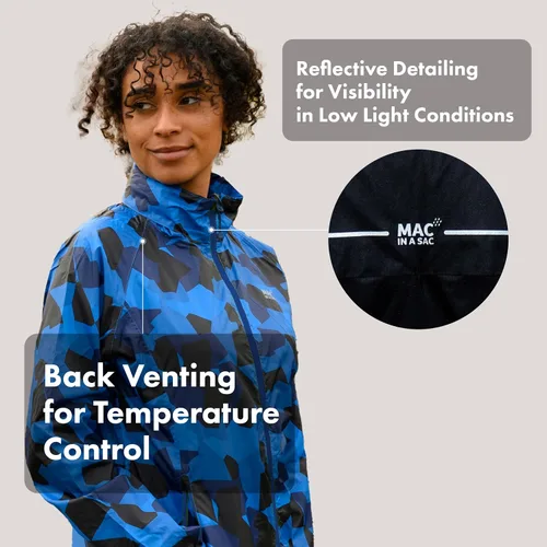 Vista 3 de Mac in a Sac Origin Women’s Packable Rain Jacket Hooded Edición Blue Camo