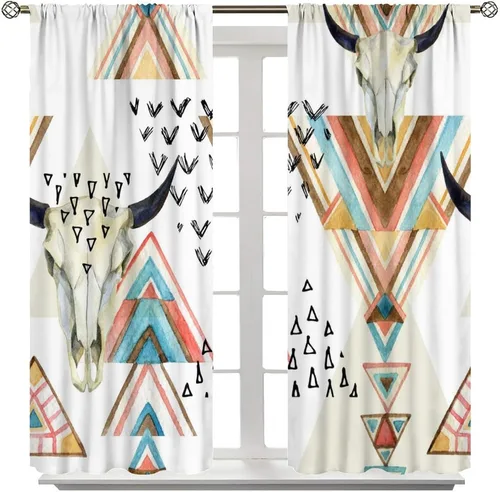 Vista 416 de Cortinas con patrón geométrico tribal, estilo suroeste, azteca, rústico, occidental, nativo americano, opacas, con bolsillo para barra, decoración
