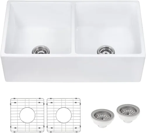 Vista 8 de Ruvati 23 x 18 pulgadas Fregadero de Cocina de Arcilla Refractaria, Modelo Farmhouse con Delantal Delantero, de Una Cubeta - Blanco - RVL2468WH