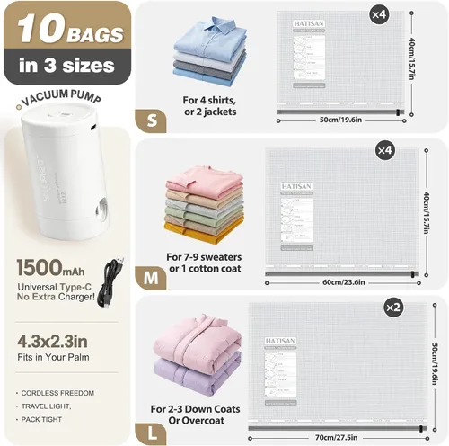 Vista 4 de 10 bolsas de sellado al vacío para ropa de viaje con bomba eléctrica recargable, bolsas de almacenamiento al vacío ahorradoras de espacio