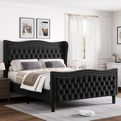 Vista 13 de Marco de Cama Full con Cabecera y Pie de Cama Altos, Marco de Cama Plataforma Tapizada en Terciopelo con Acolchado de Botones Profundos Tipo Beige