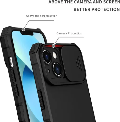 Vista 5 de Funda para iPhone 15 con funda para cámara deslizante, protector de silicona TPU resistente PC Etui iPhone 15 con soporte integrado, funda Negro