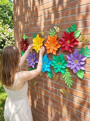 Vista 4 de Juego de 7 flores de papel arcoíris para pared de 10 pulgadas, decoración de telón de fondo para fiesta temática de arcoíris, fiesta de cumpleaños