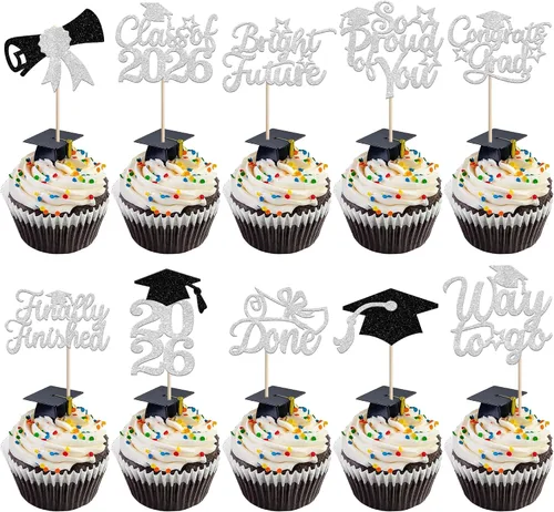 Vista 64 de 30 piezas de decoración para cupcakes de graduación para la clase de 2026 con purpurina brillante para el futuro diploma hecho 2026 Felicidades