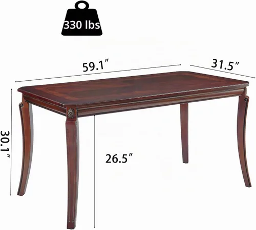 Vista 2 de PADMA HOUSE Mesa de comedor tradicional de madera maciza para 6, 59 pulgadas de largo, mesa rectangular de madera con patas curvas, escritorio