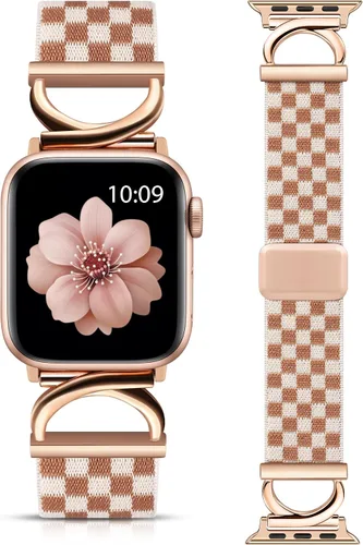 Vista 10 de Minyee Correa magnética elástica compatible con Apple Watch Band de 38/40/41/42/44/45/46/1.929 in para mujer, correa de metal en forma de C