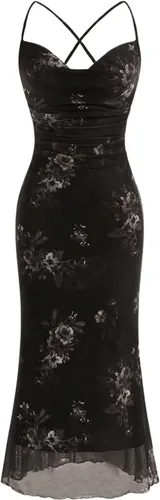 Vista 15 de SOLY HUX Vestido de malla floral para mujer, vestido largo para cóctel Estampado floral multicolor.