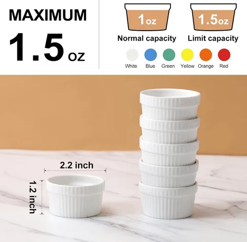 Vista 3 de Juego de 6 mini ramequines de 1.5 onzas, tazas pequeñas para salsa de inmersión, cuenco de inmersión Ramekin, plato de porcelana para soufflé