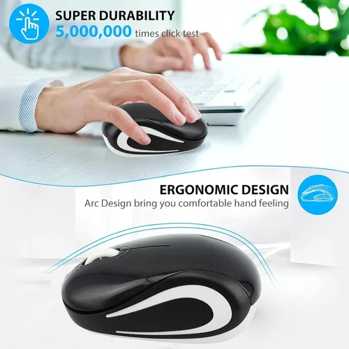 Vista 5 de Mini mouse inalámbrico para computadora, tamaño pequeño, portátil, compacto de viaje, USB óptico de 3 botones, 1000 DPI, mouse inalámbrico para Negro