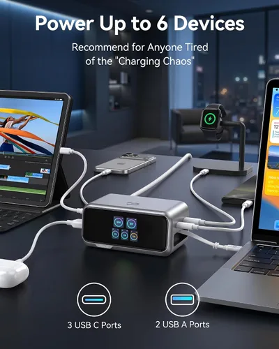 Vista 10 de MOKiN Estación de carga de escritorio, estación de carga USB C retráctil de 200 W y 6 puertos para múltiples dispositivos, accesorios de escritorio