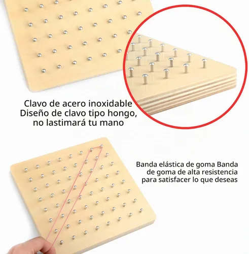 Vista 5 de Thoth Tablero geométrico de madera Montessori, material matemático para manipular, bloques de arreglo con 36 tarjetas de patrones y bandas de goma