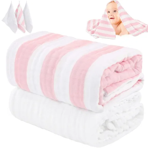 Vista 10 de Juego de toallas de baño de muselina para bebé, 100% algodón orgánico, juego de 5 piezas (2 toallas grandes y 3 toallas faciales), gasa absorbente
