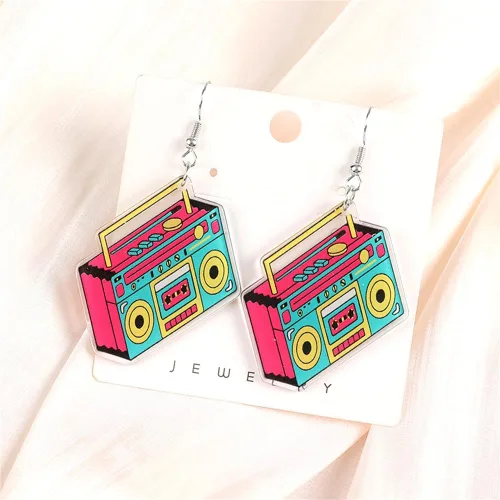 Vista 6 de Aretes de cinta retro de moda para fiesta de los años 80, para mujer, punk, retro, cassette, aplastamiento, colorido, colgante, fiesta, club